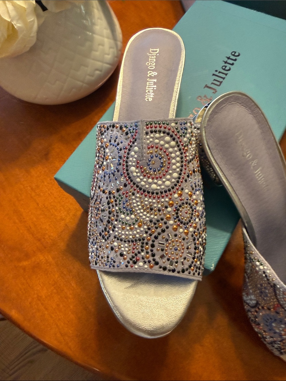 Diageo & Juliette Silver Beaded Slide Mules